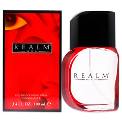 Realm bottle front packaging showing brand and red label for confident daytime scent