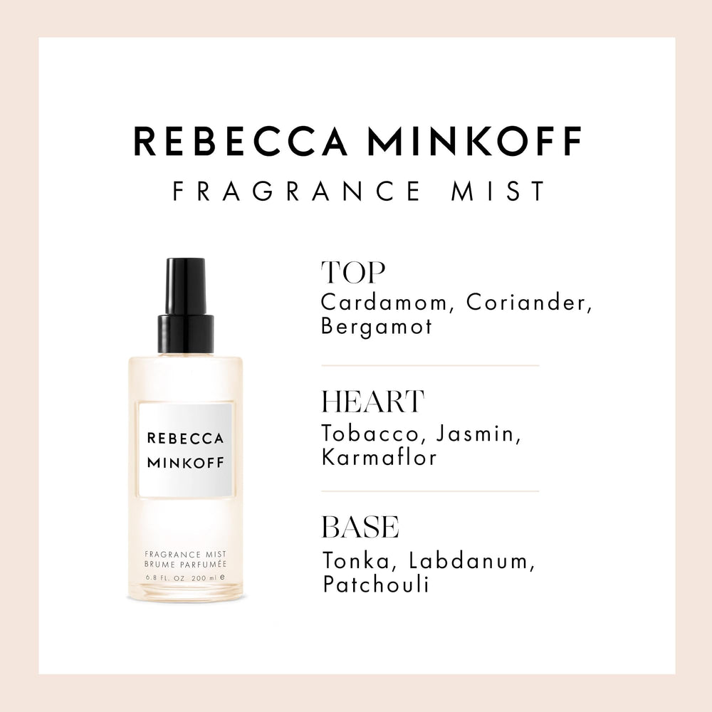 Rebecca Minkoff bottle beside a measuring scale showing 6.8 oz size for accurate purchase expectations