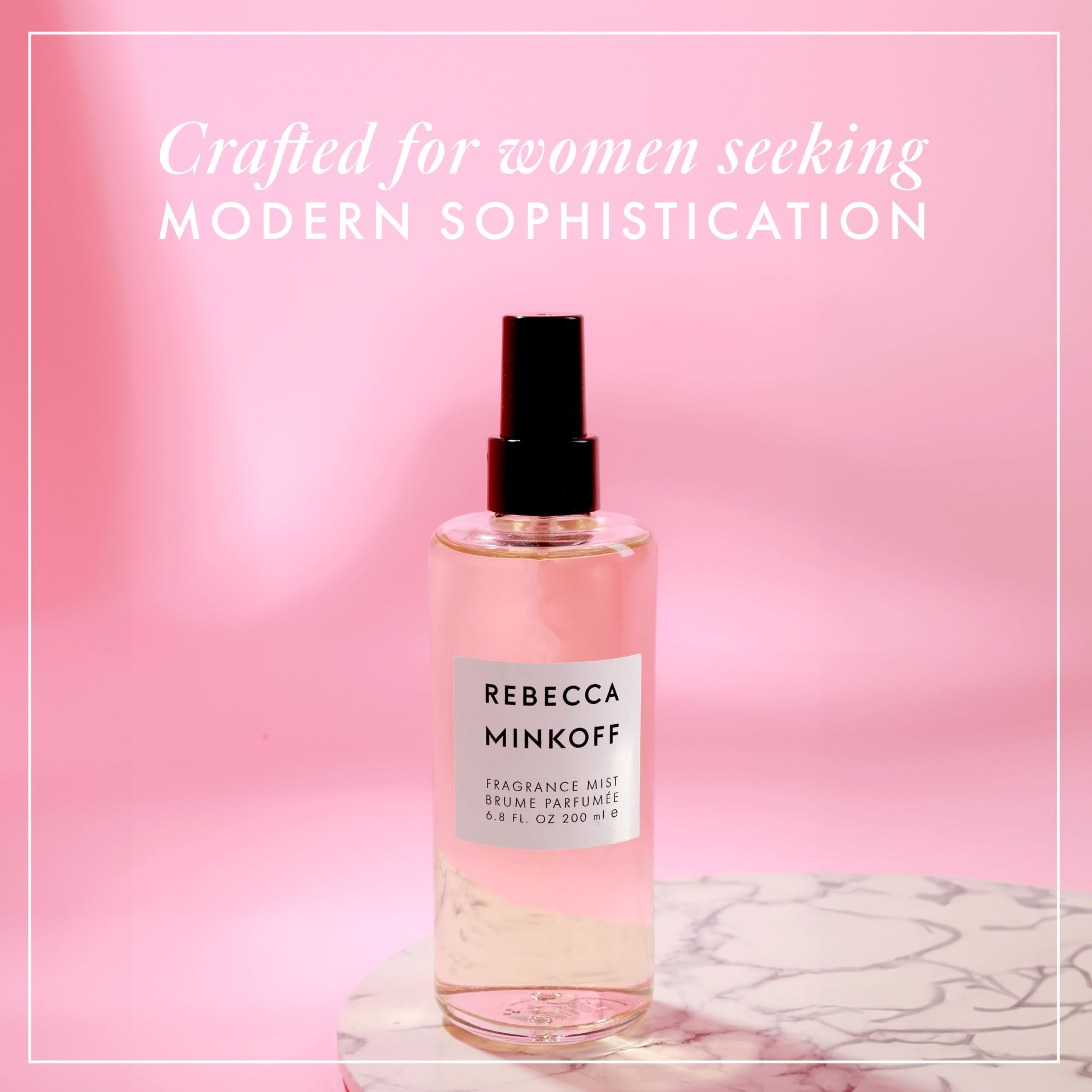 Rebecca Minkoff label detail highlighting ingredients and notes for transparent fragrance information
