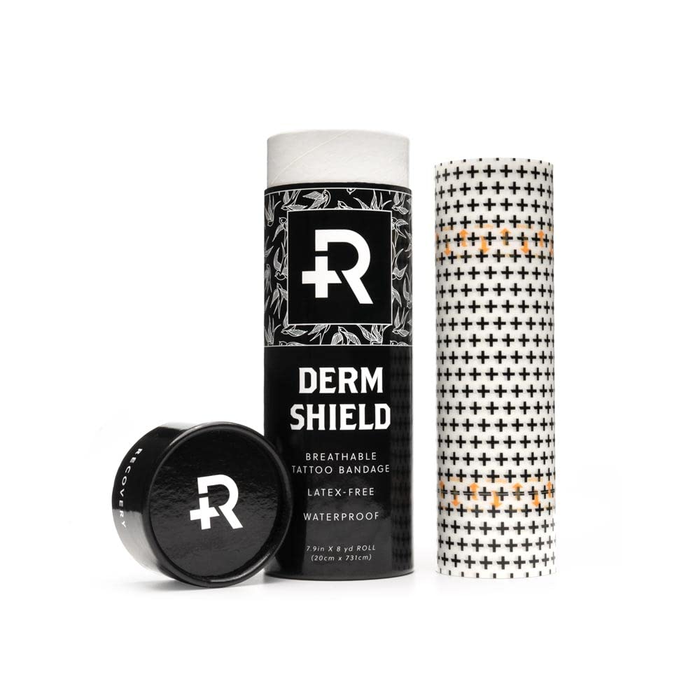 Recovery roll front view showing transparent film and label, protecting fresh tattoos
