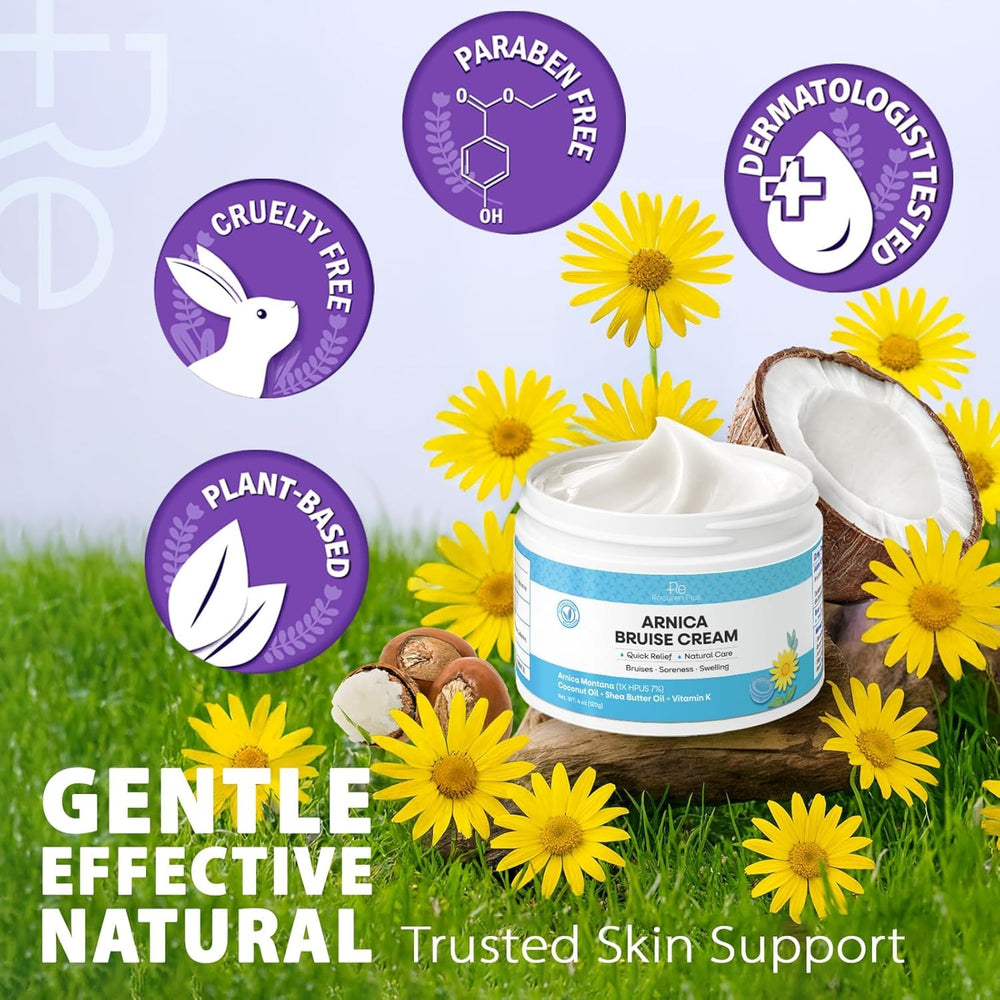 Recuren Plus label close-up indicating 7% Arnica and plant-based formula