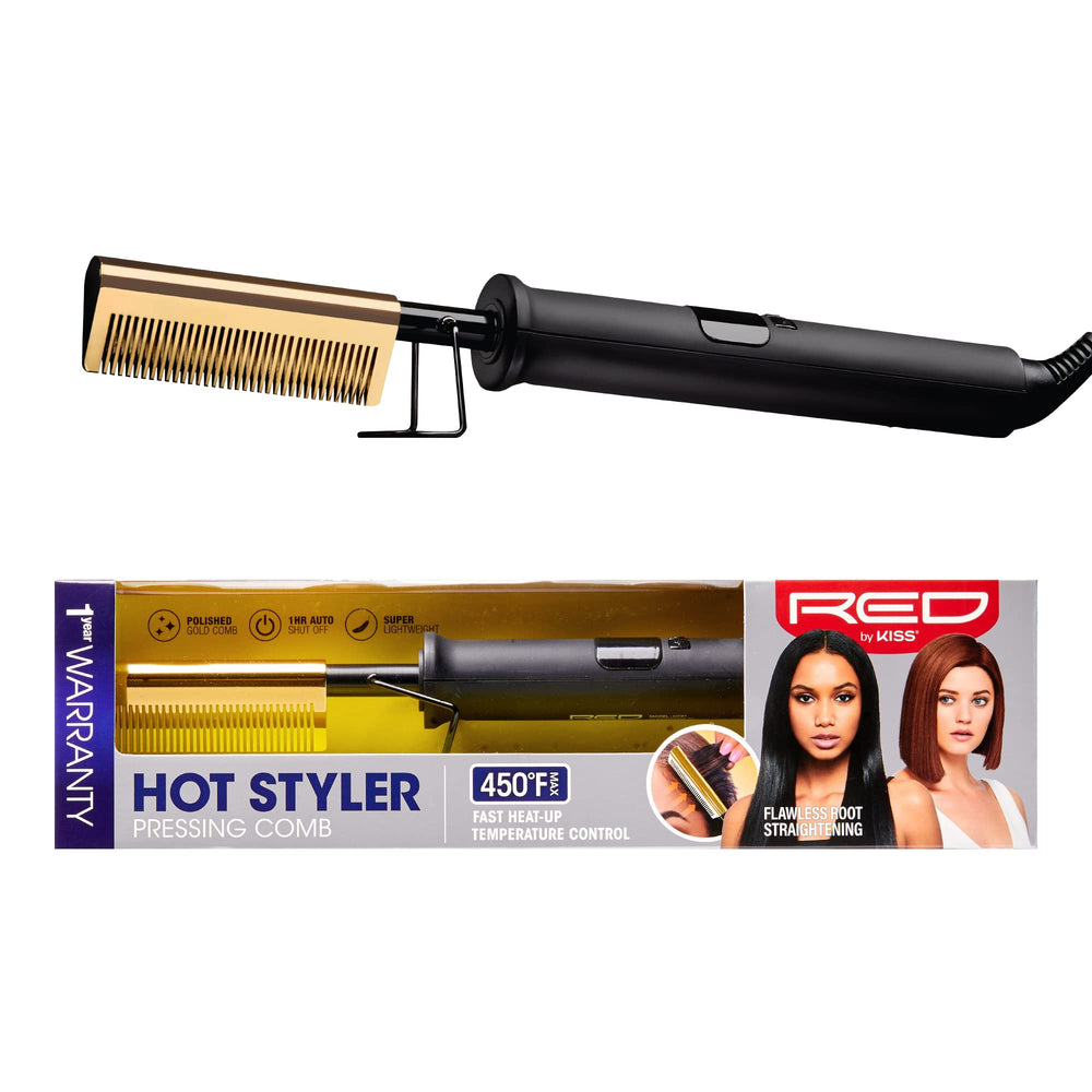 Red by Kiss front view of heated comb showing ergonomic handle and heating head for quick styling