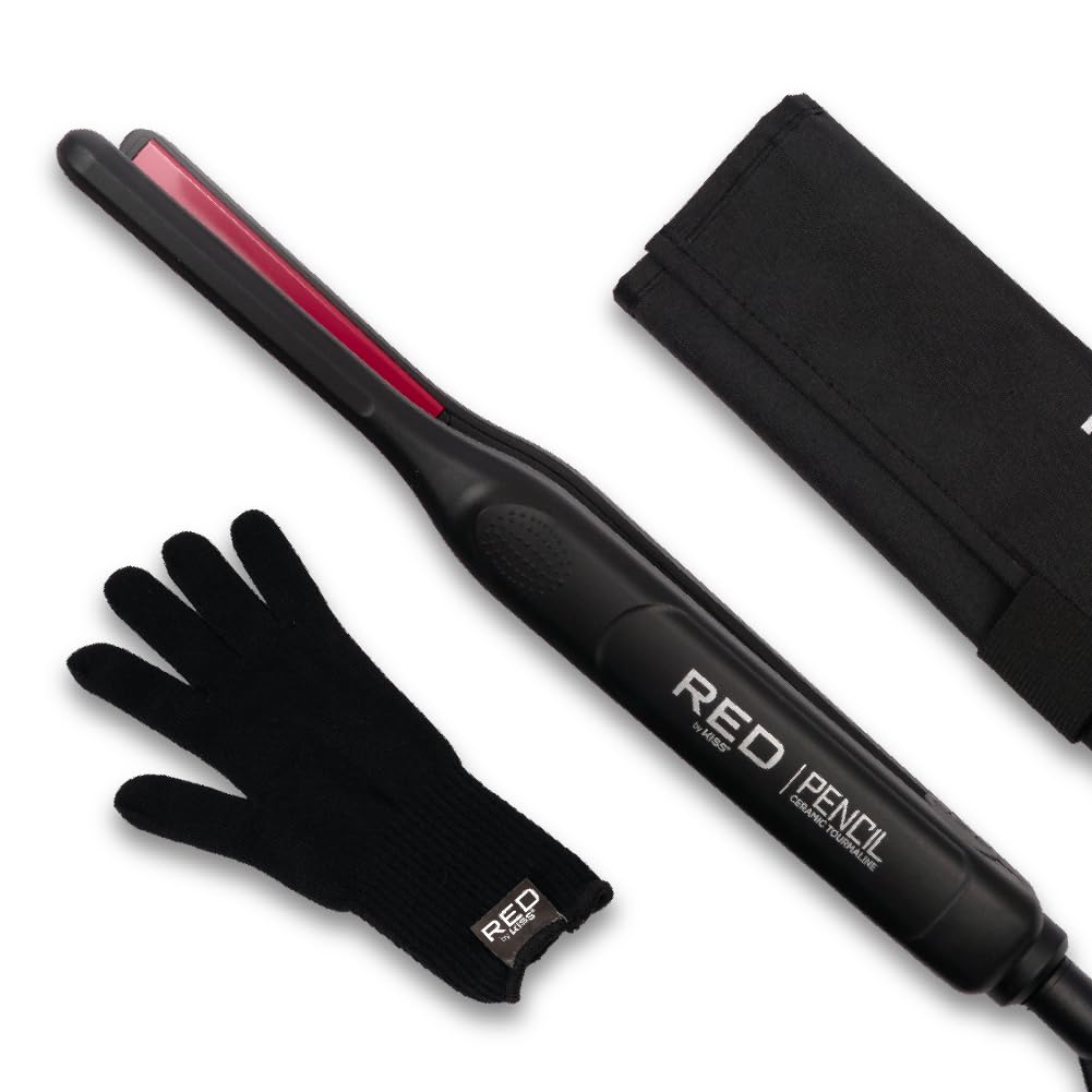 Red by Kiss front view of mini flat iron showing compact design and easy control