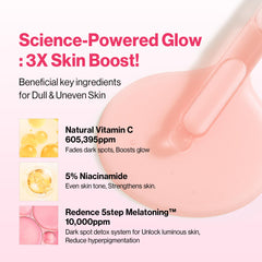 Redence bottle with icons of niacinamide and vitamin C highlighting potency