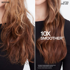 Redken before and after split-end comparison showing reduced breakage