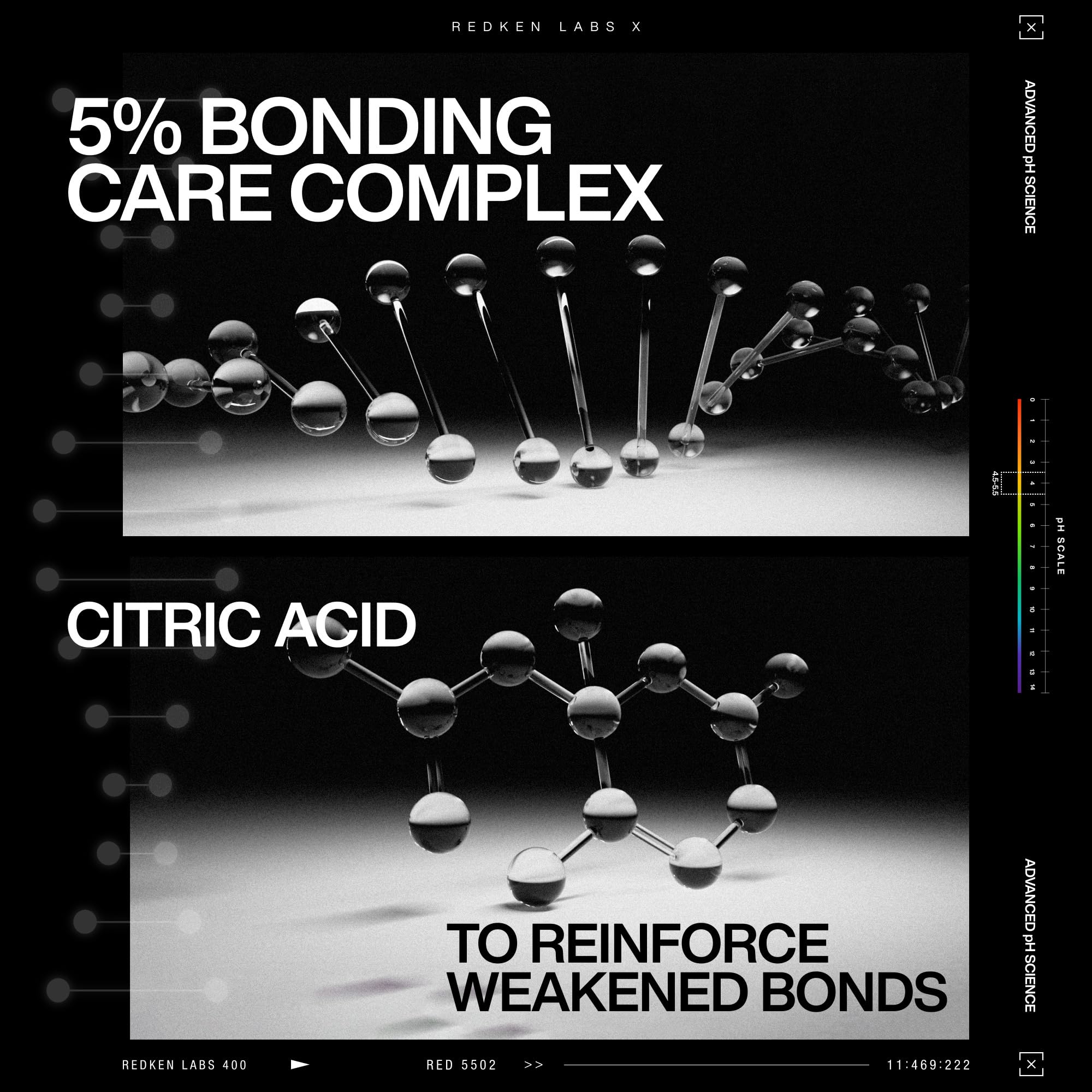 Redken ingredient callout featuring citric acid for strengthened strands