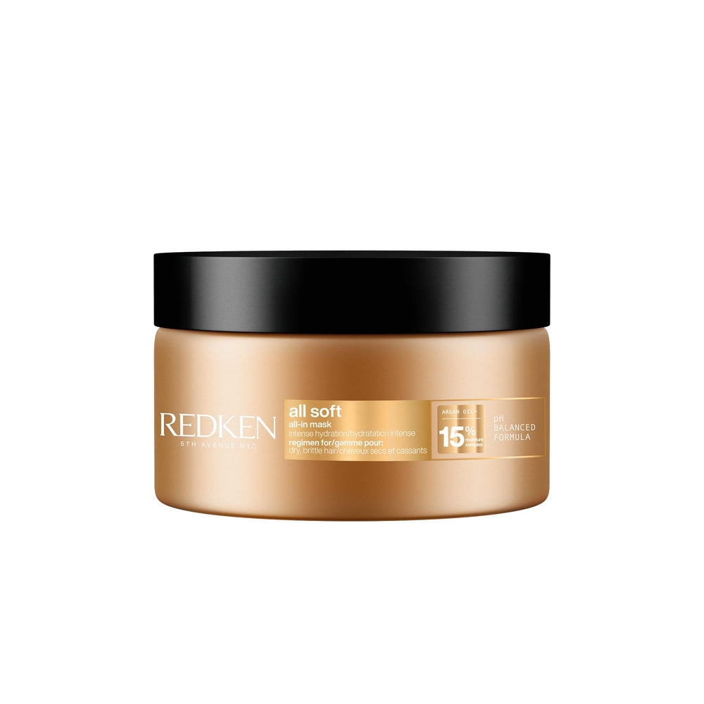 Redken All Soft front packaging showing the 3.4 fl oz jar and benefits