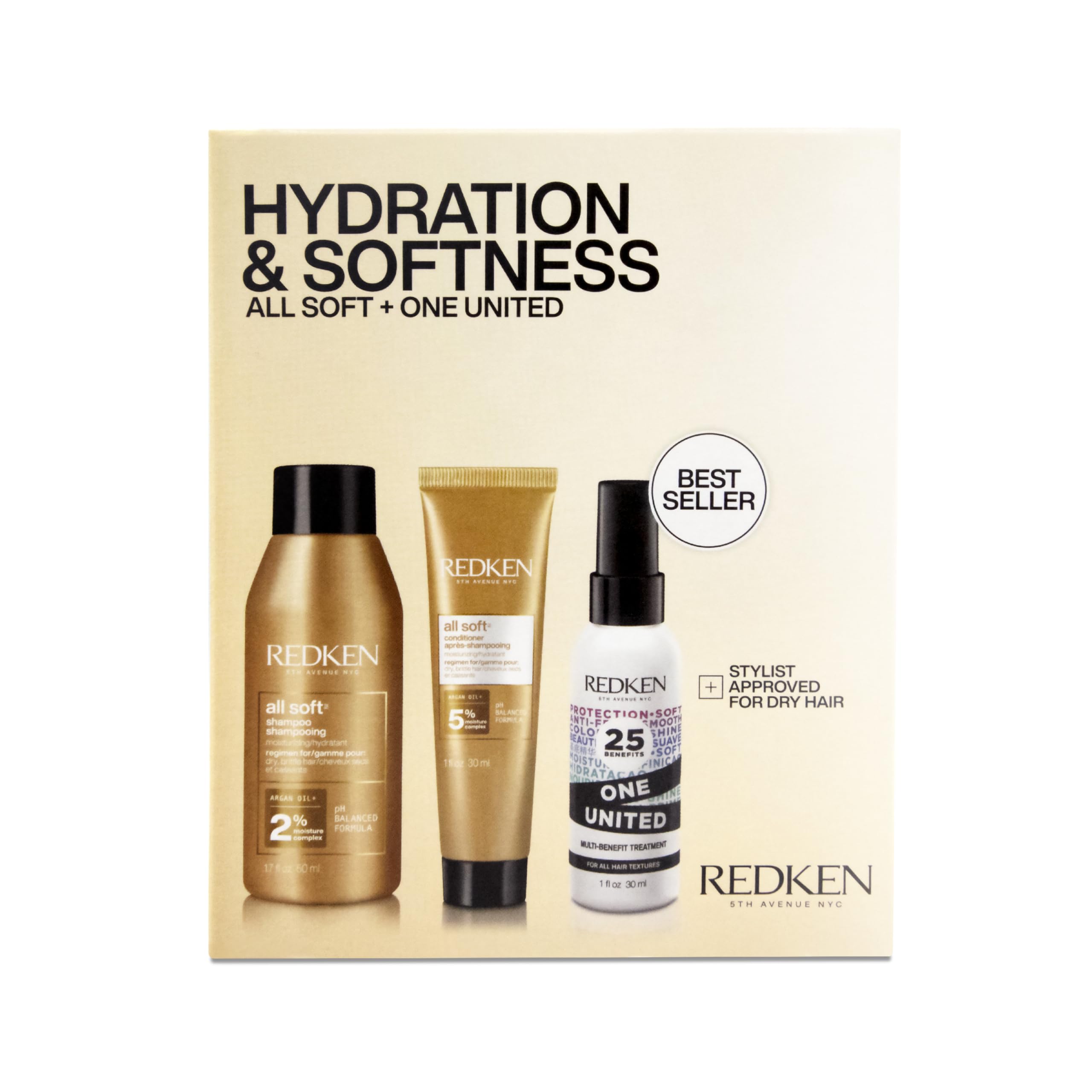 Redken All Soft mini front packaging showing trio for travel hydration
