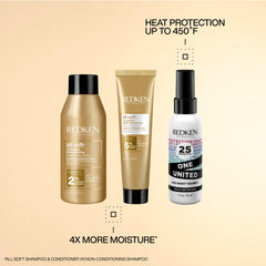 Redken All Soft mini shampoo pouring to demonstrate gentle moisture