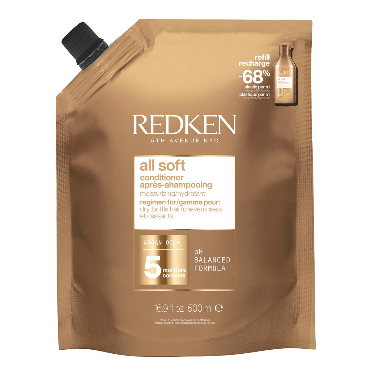 Redken All Soft refill front packaging showing professional conditioner benefits