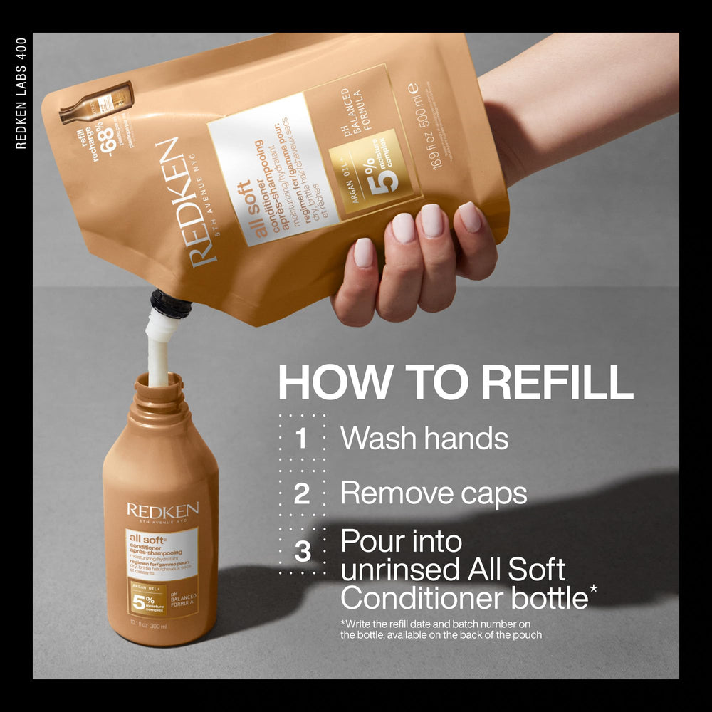 Redken All Soft refill beside standard bottle to show compact, eco-friendly size