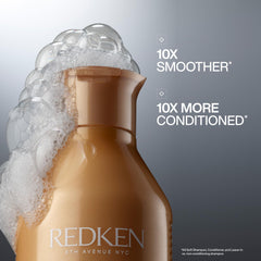 Close-up of argan oil texture with Redken label highlighting moisturization