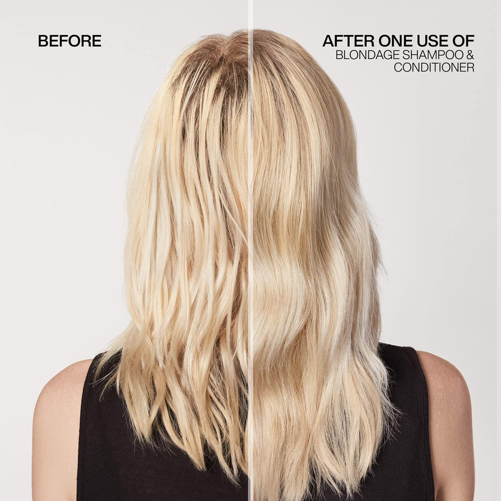 Redken Blondage before and after blonde tone comparison showing cooler results