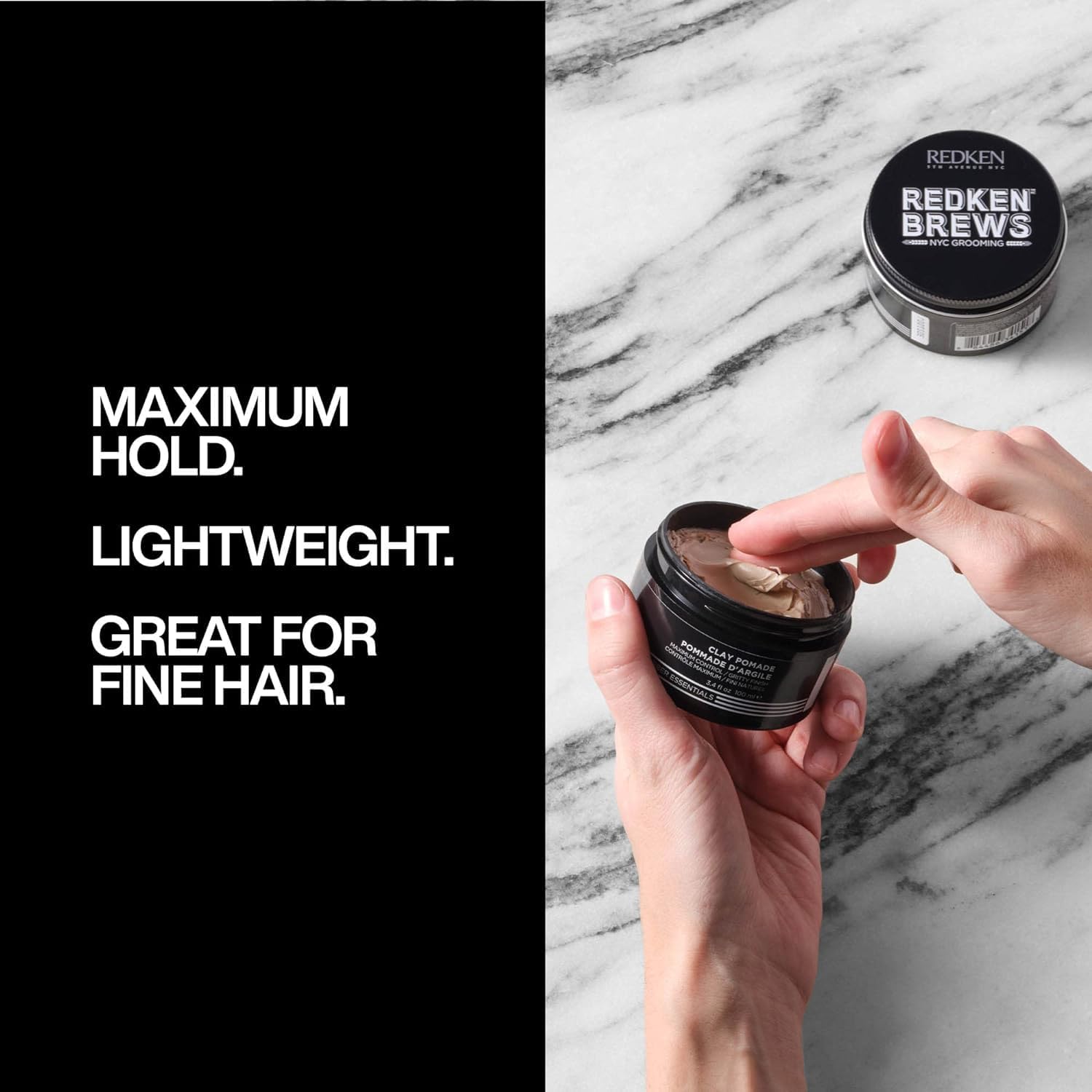 Redken Brews pomade open showing gritty clay texture for volume