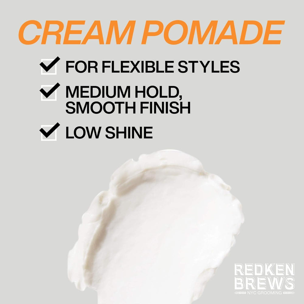 Redken Brews before and after pompadour showing defined lift and low shine