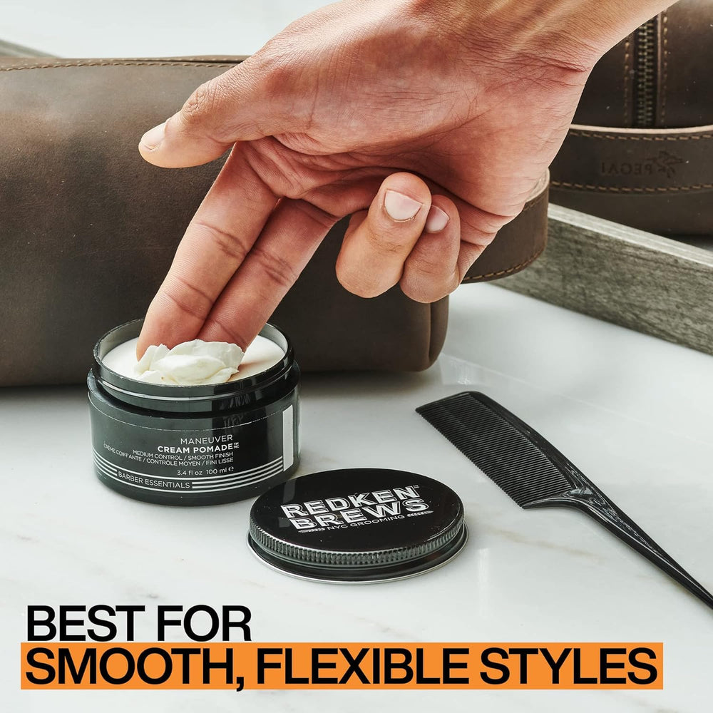 Redken Brews 3.4 oz next to common items showing compact travel-friendly size
