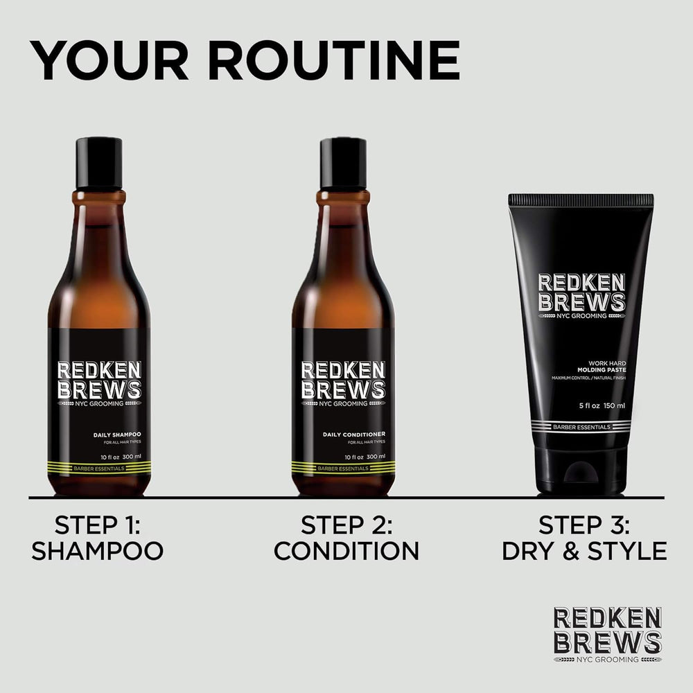 Redken Brews jar next to a hand for size comparison and travel-ready benefit