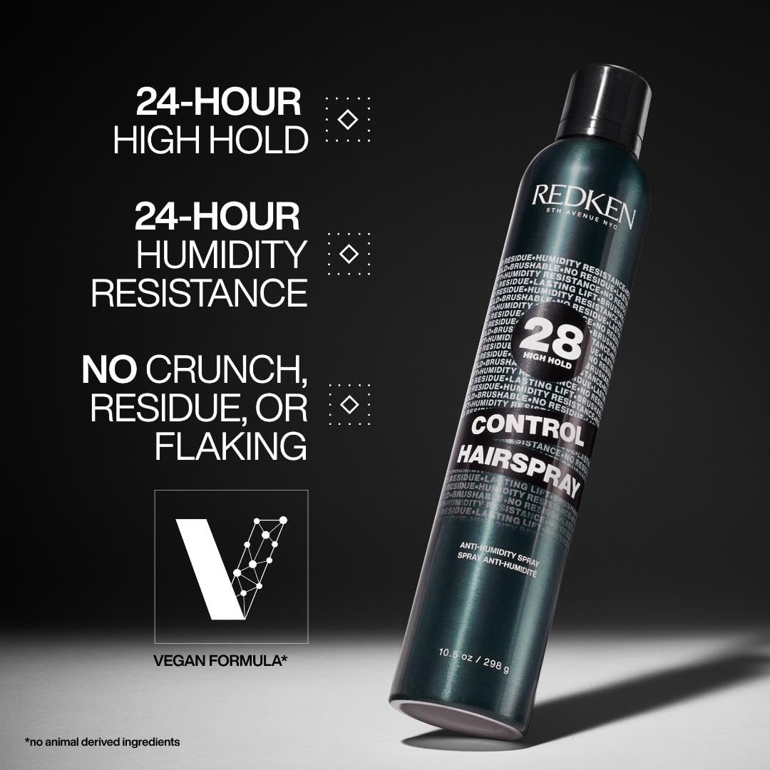Redken Control Hairspray 28 label detail highlighting hold level and ingredient benefits