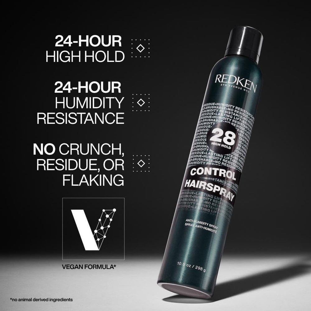 Redken Control Hairspray 28 label detail highlighting hold level and ingredient benefits