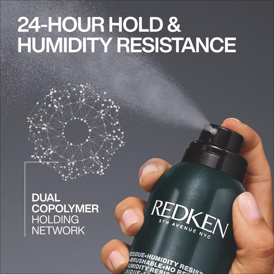 Redken Control Hairspray 28 beside a passport showing compact travel-friendly styling benefit