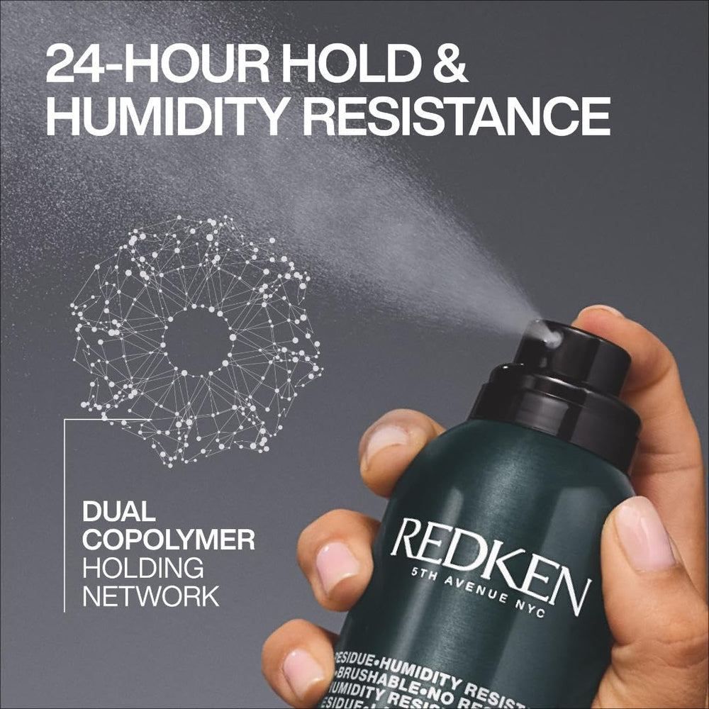 Redken Control Hairspray 28 beside a passport showing compact travel-friendly styling benefit