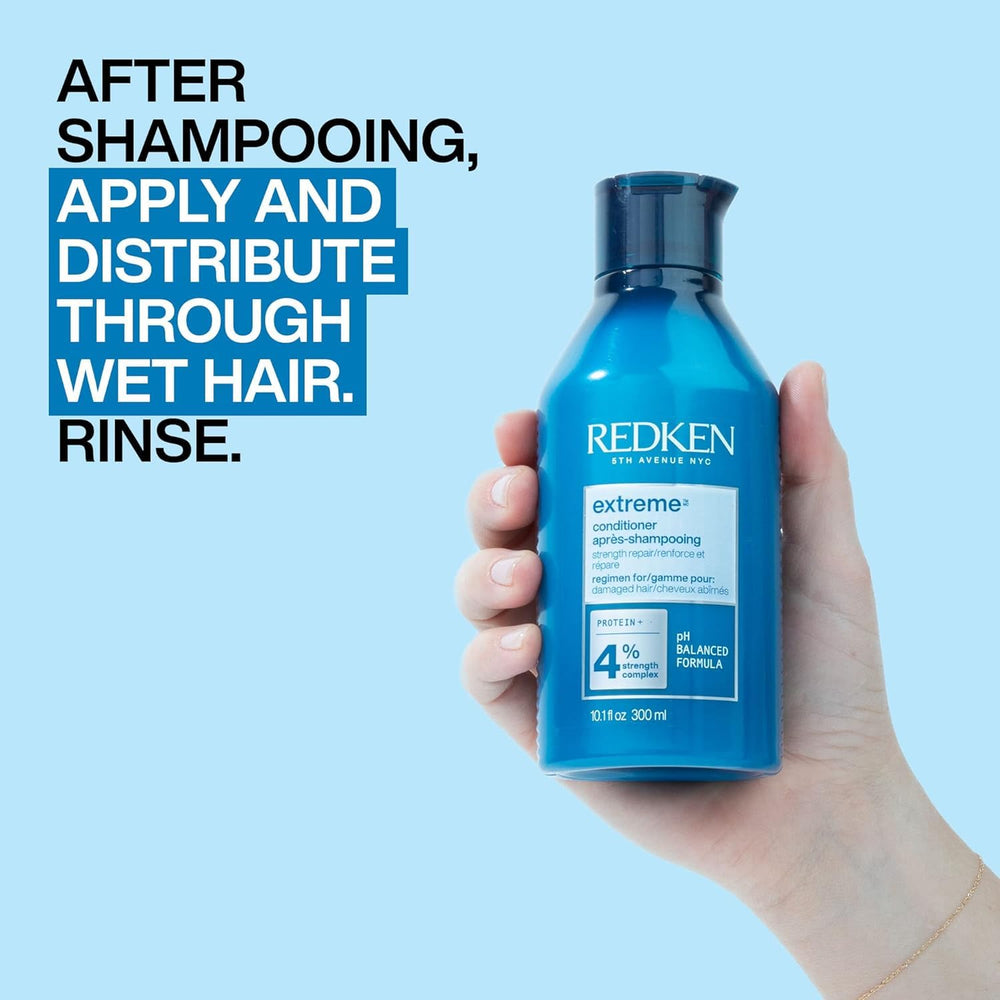Redken Extreme Conditioner before and after hair comparison showing reduced breakage