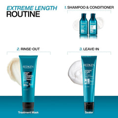 Redken Extreme Length bottle in bathroom with towel showing everyday styling benefit