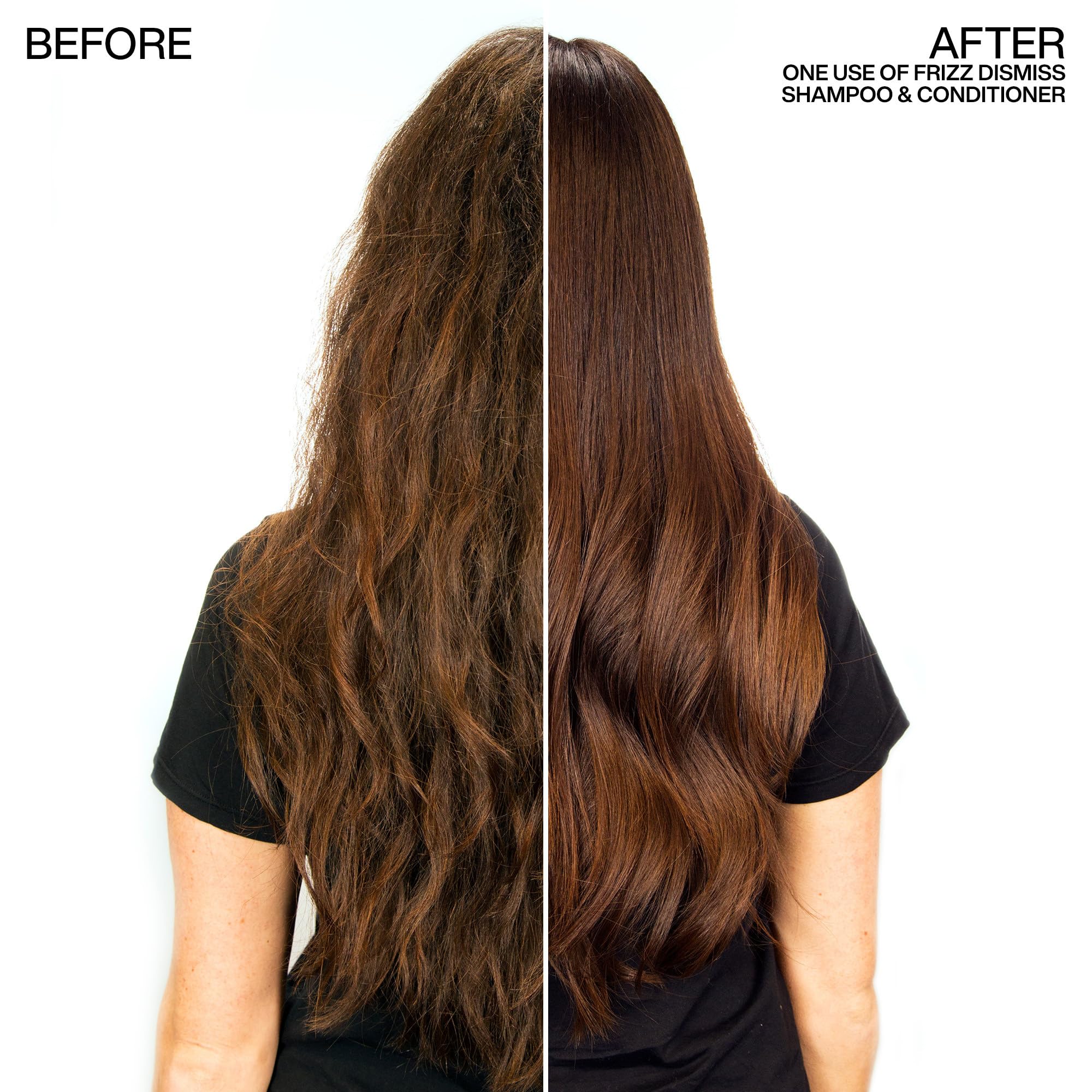Split before-and-after hair photo showing Redken frizz reduction benefit
