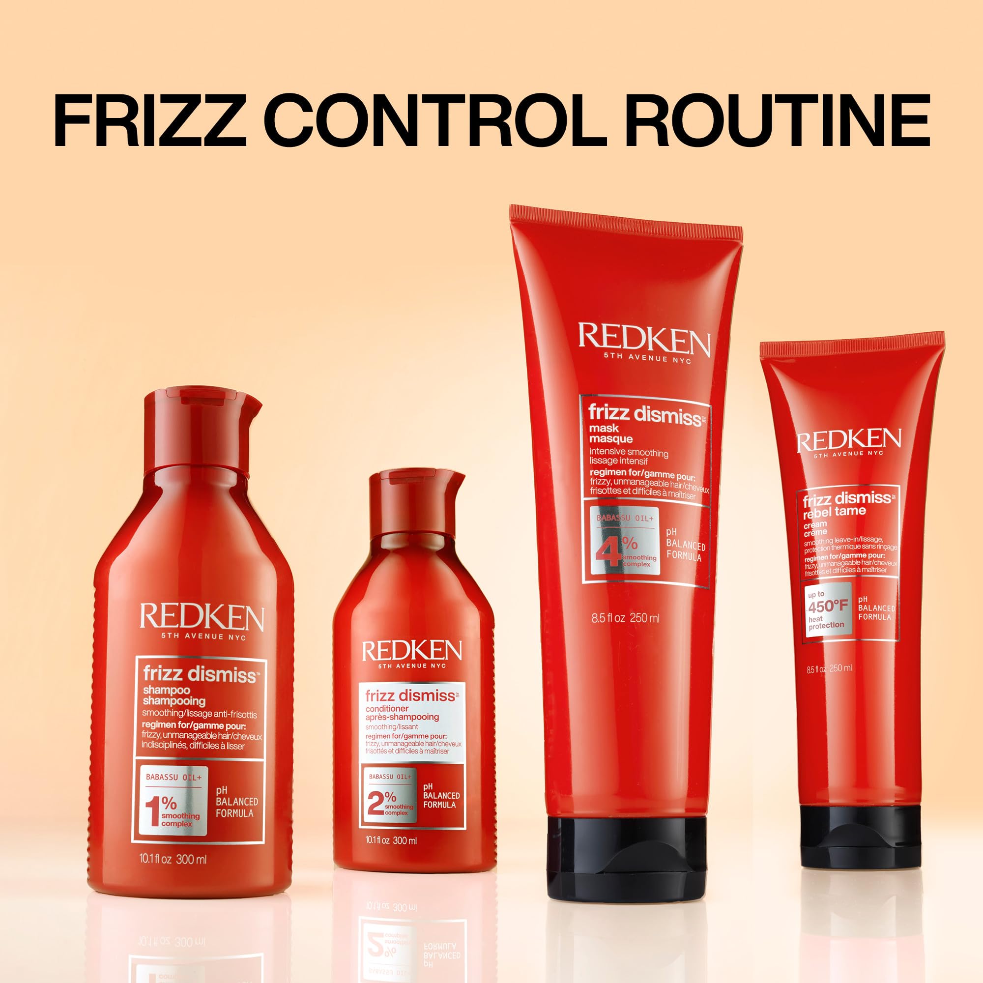 Redken Frizz Dismiss with conditioner shown on styled smooth hair benefit