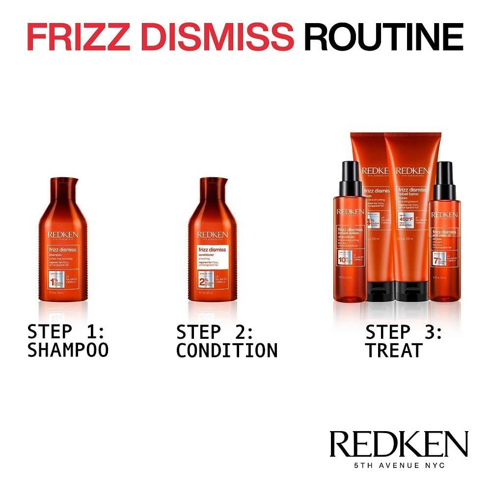 Styled hair after using Redken serum showing smoothness and humidity protection