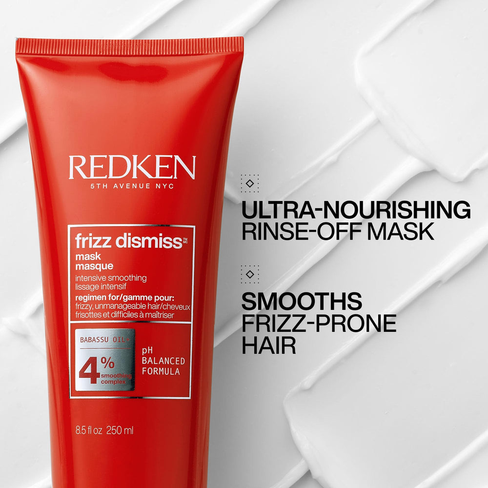 Redken Frizz Dismiss open jar texture highlighting creamy, nourishing formula
