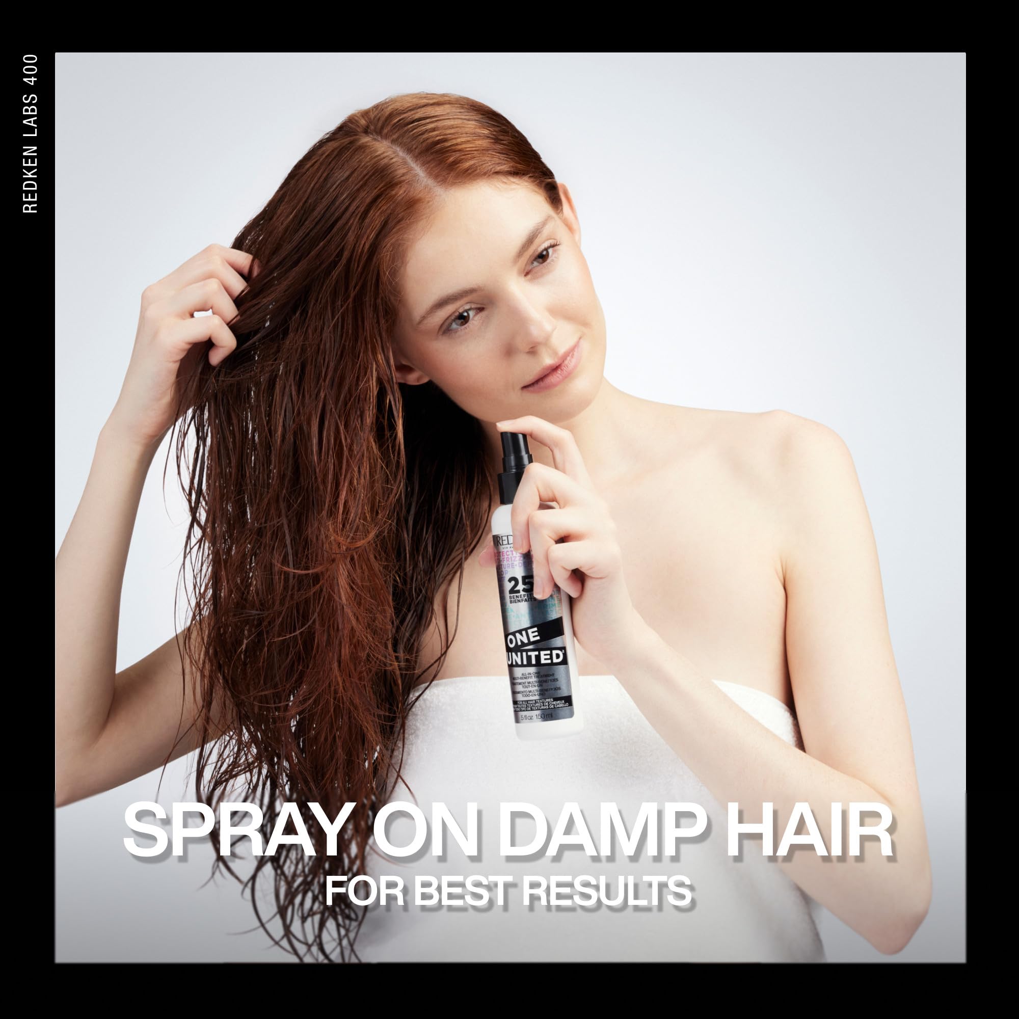 Before and after hair with Redken One United showing smoother, shinier hair