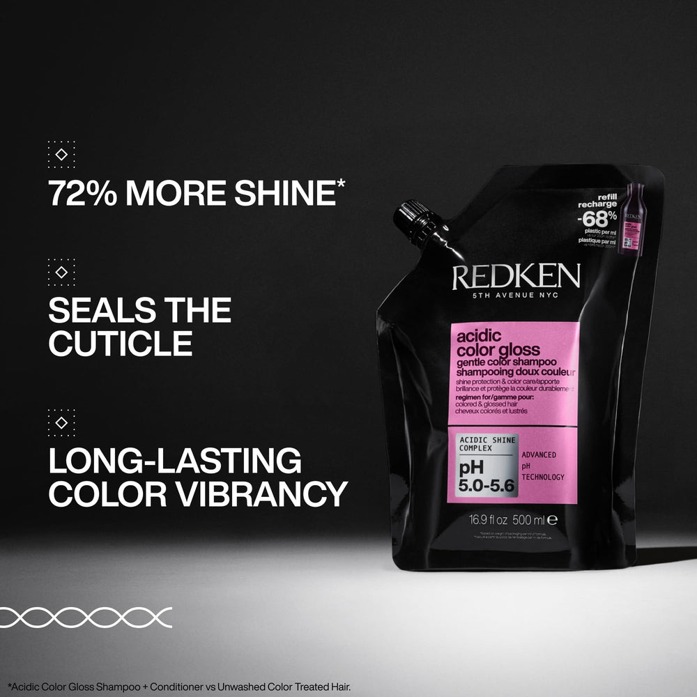 Redken refill pouch highlighting lower-plastic eco benefit