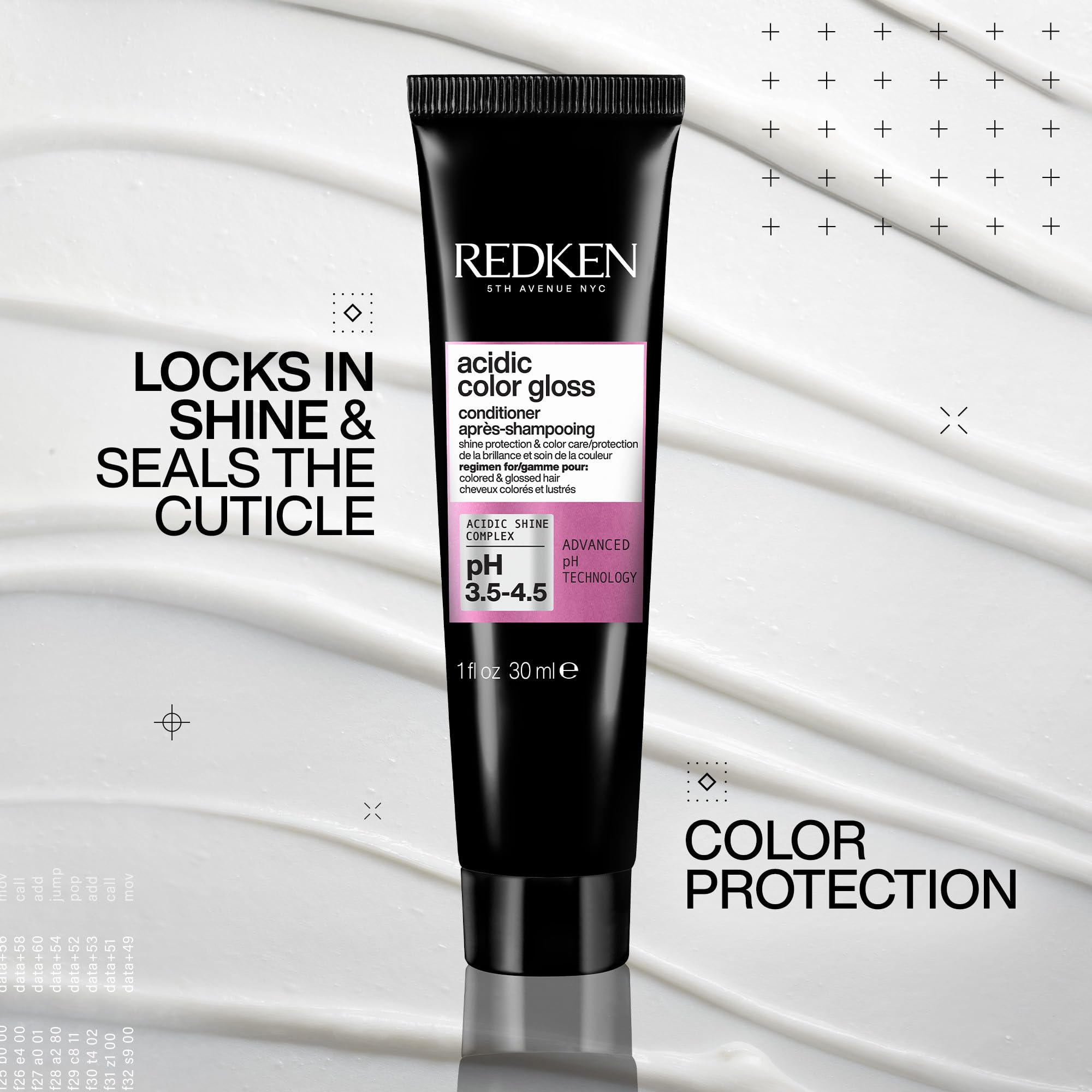 Redken side label close-up showing formulation details and benefits