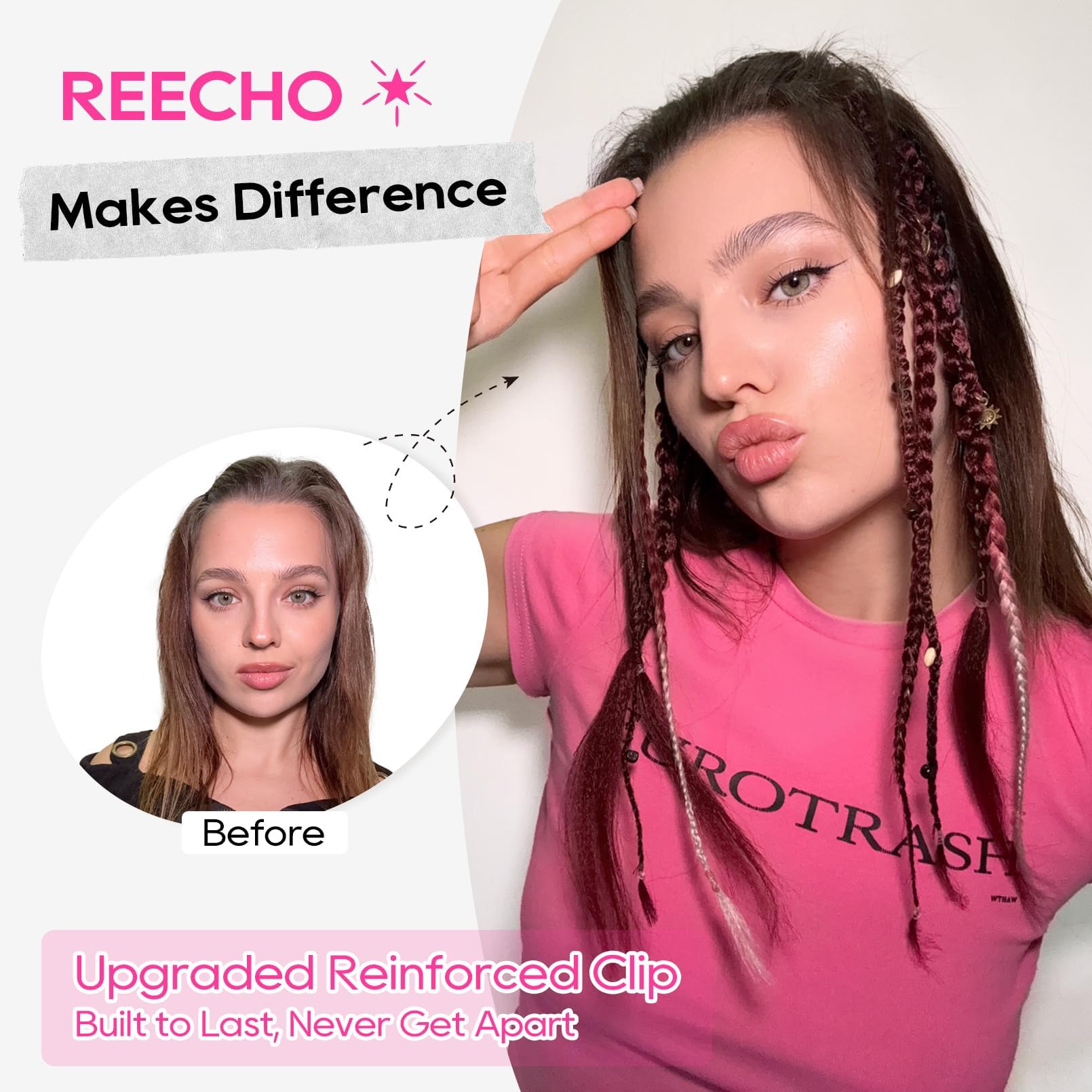 REECHO close view of sewn snap clip attachment, ensures secure all-day hold