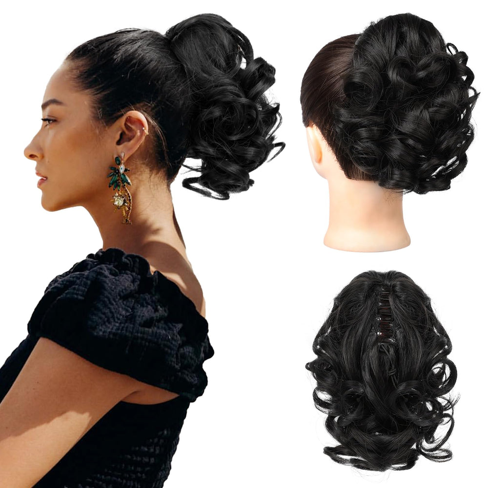 REECHO front view of black 9-inch ponytail extension showing curl and shape benefit