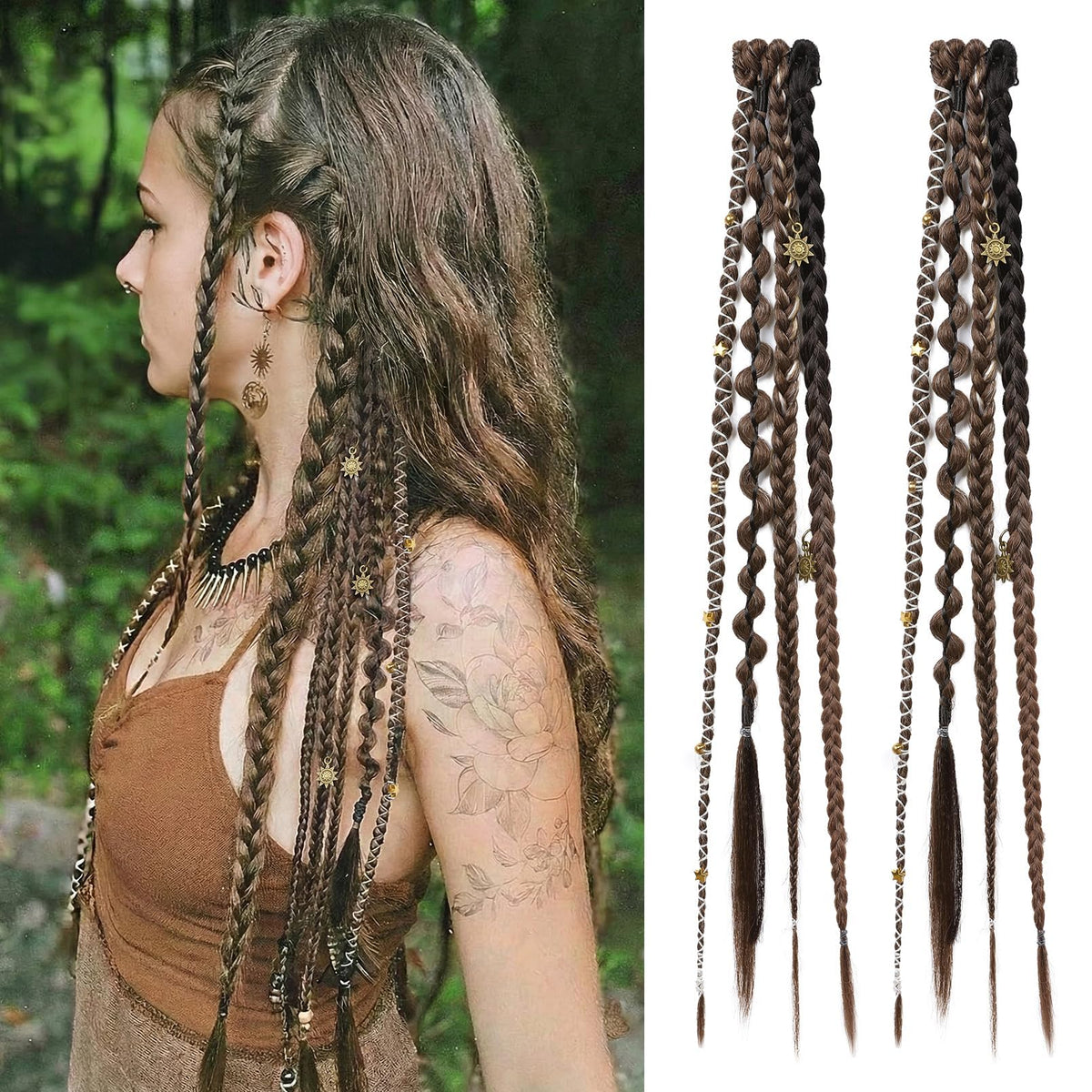REECHO front view of clip-in braids showing boho beads and charms, adds instant flair