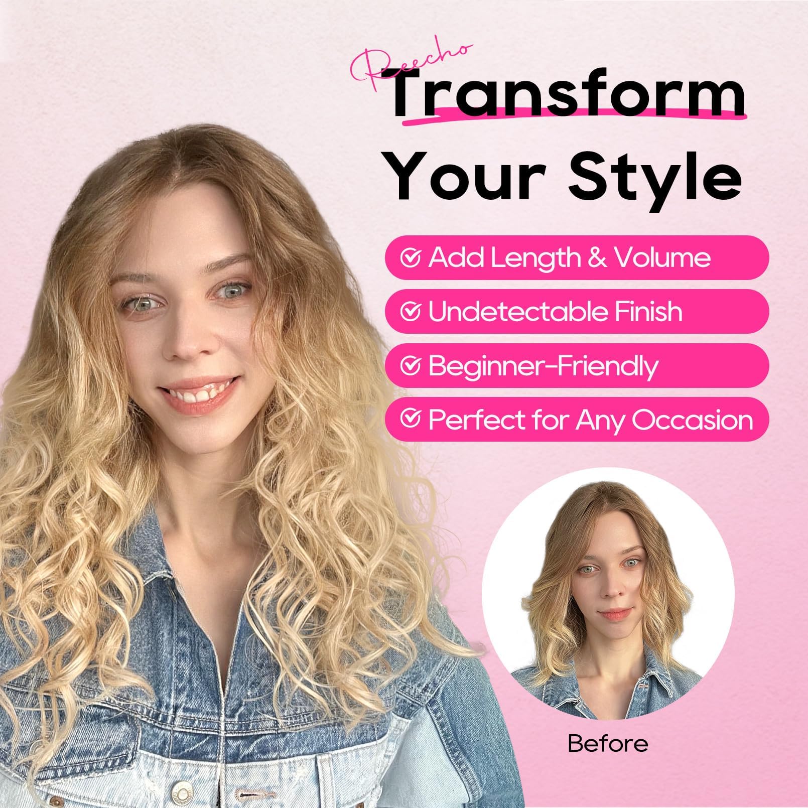 REECHO model wearing 16-inch extensions demonstrating added length and volume benefit
