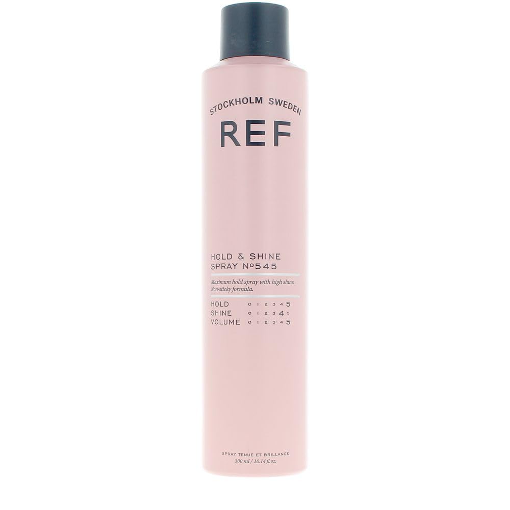 REF Hold & Shine Spray front bottle shot showing sleek label and styling benefit