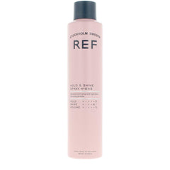 REF Hold & Shine Spray front bottle shot showing sleek label and styling benefit