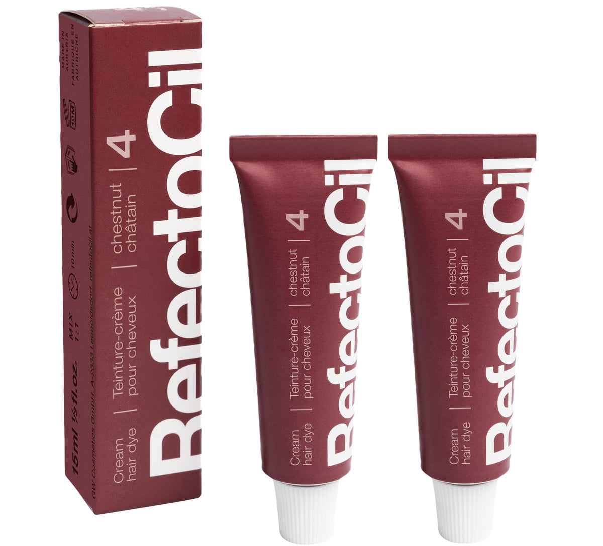 RefectoCil Chestnut No.4 front packaging showing warm brown color benefits