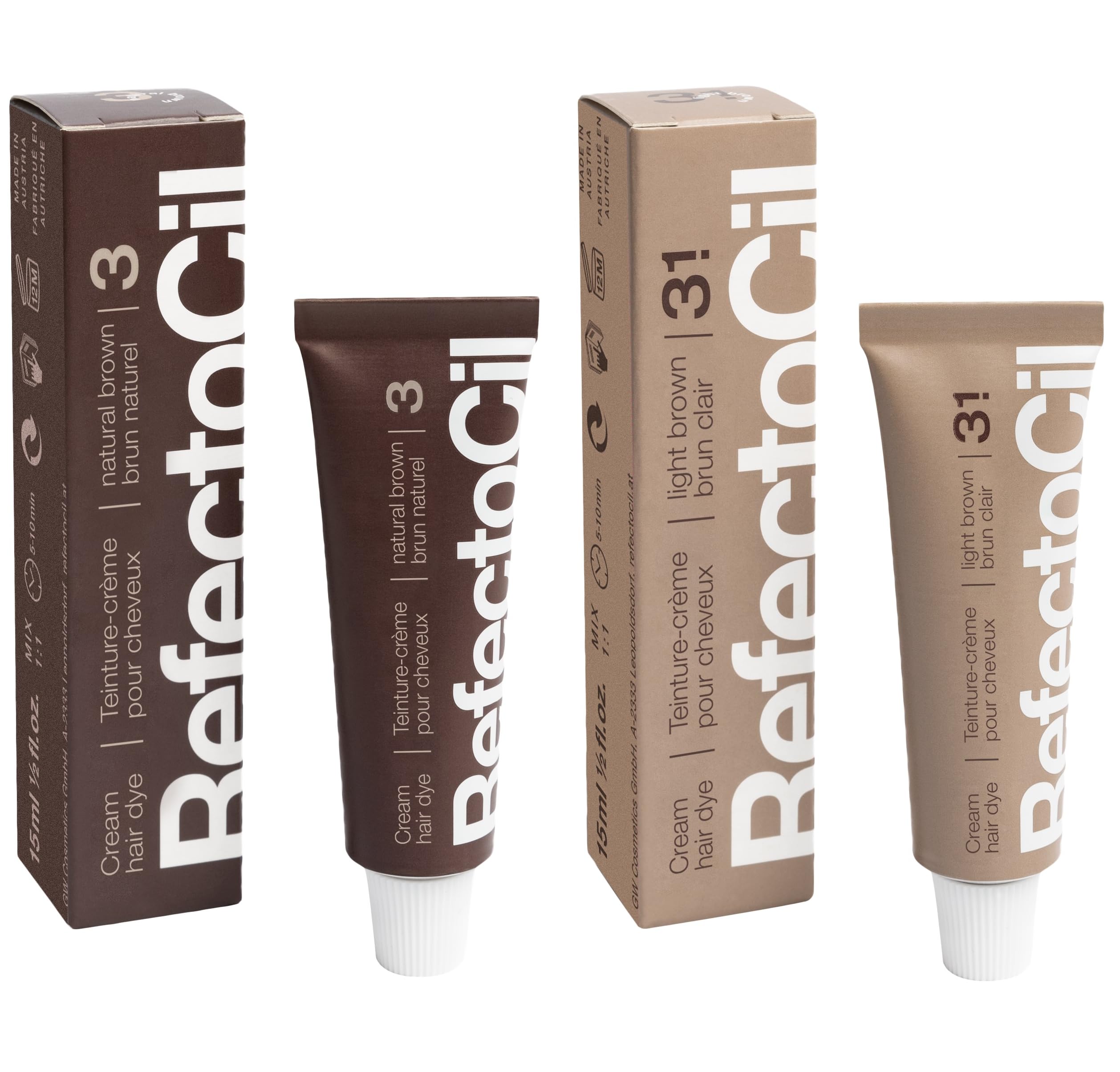RefectoCil front packaging showing both Natural Brown and Light Brown, clear shade identification benefit
