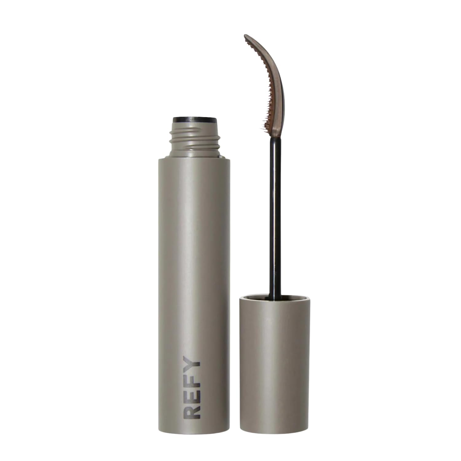 REFY sculpting lash mascara brown front view showing wand and compact benefit: defined lashes