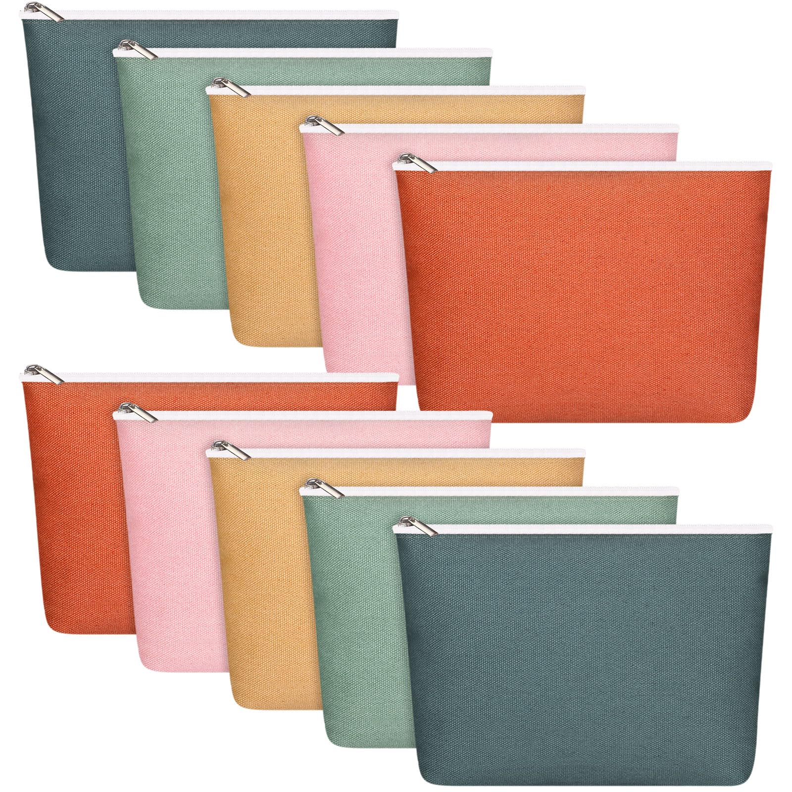 Reginary front view of ten colorful canvas makeup bags showing bright colors and organization benefit
