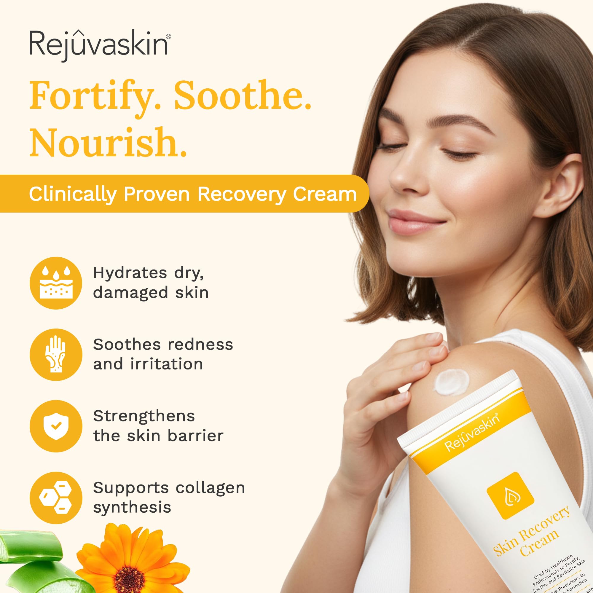 Rejuvaskin tube close-up displaying creamy texture and easy dispensing benefit