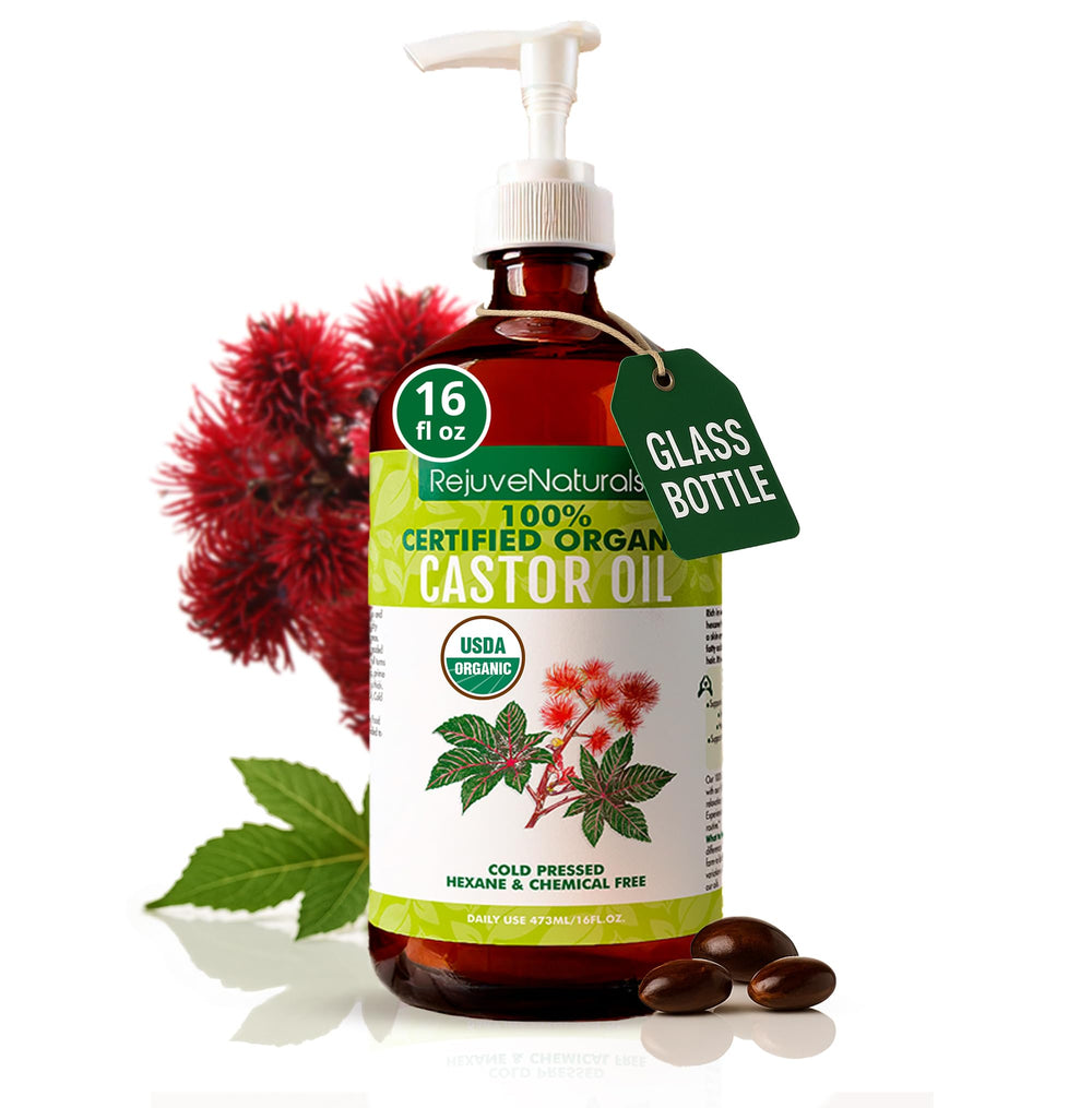 RejuveNaturals front glass bottle showing organic label and pure oil benefits