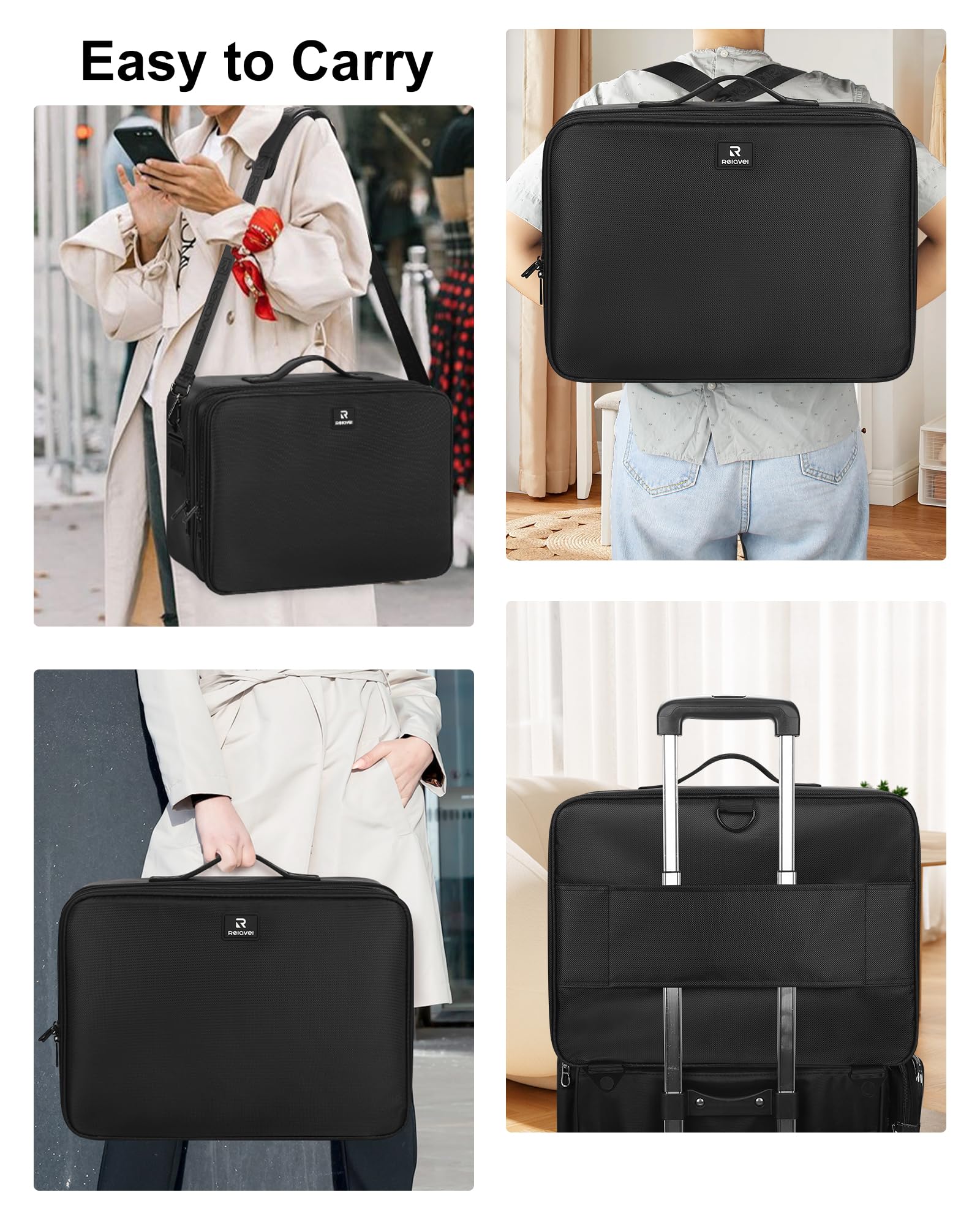 Relavel attached to trolley handle showing easy airport transport