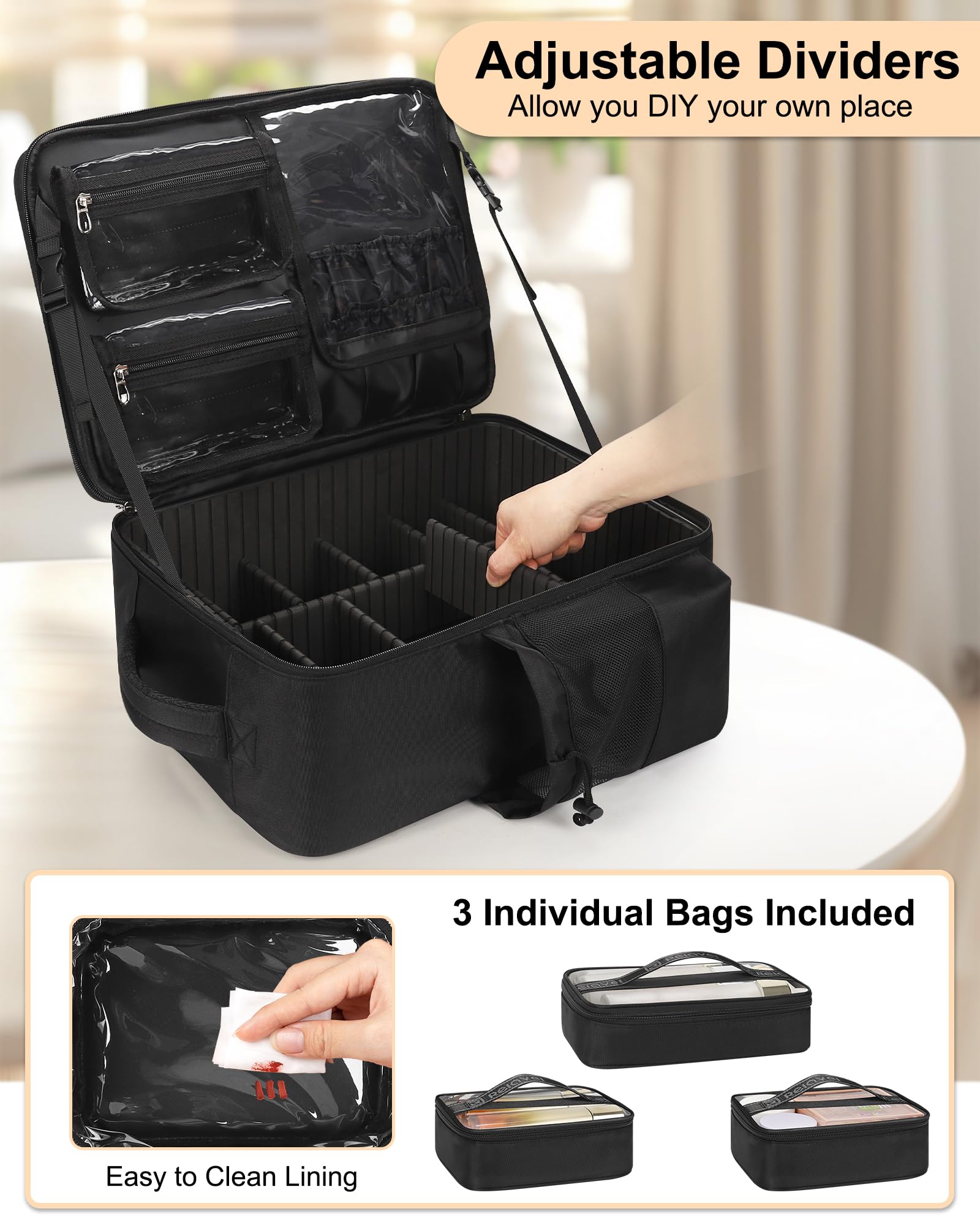 Relavel open main compartment with adjustable dividers for tidy storage