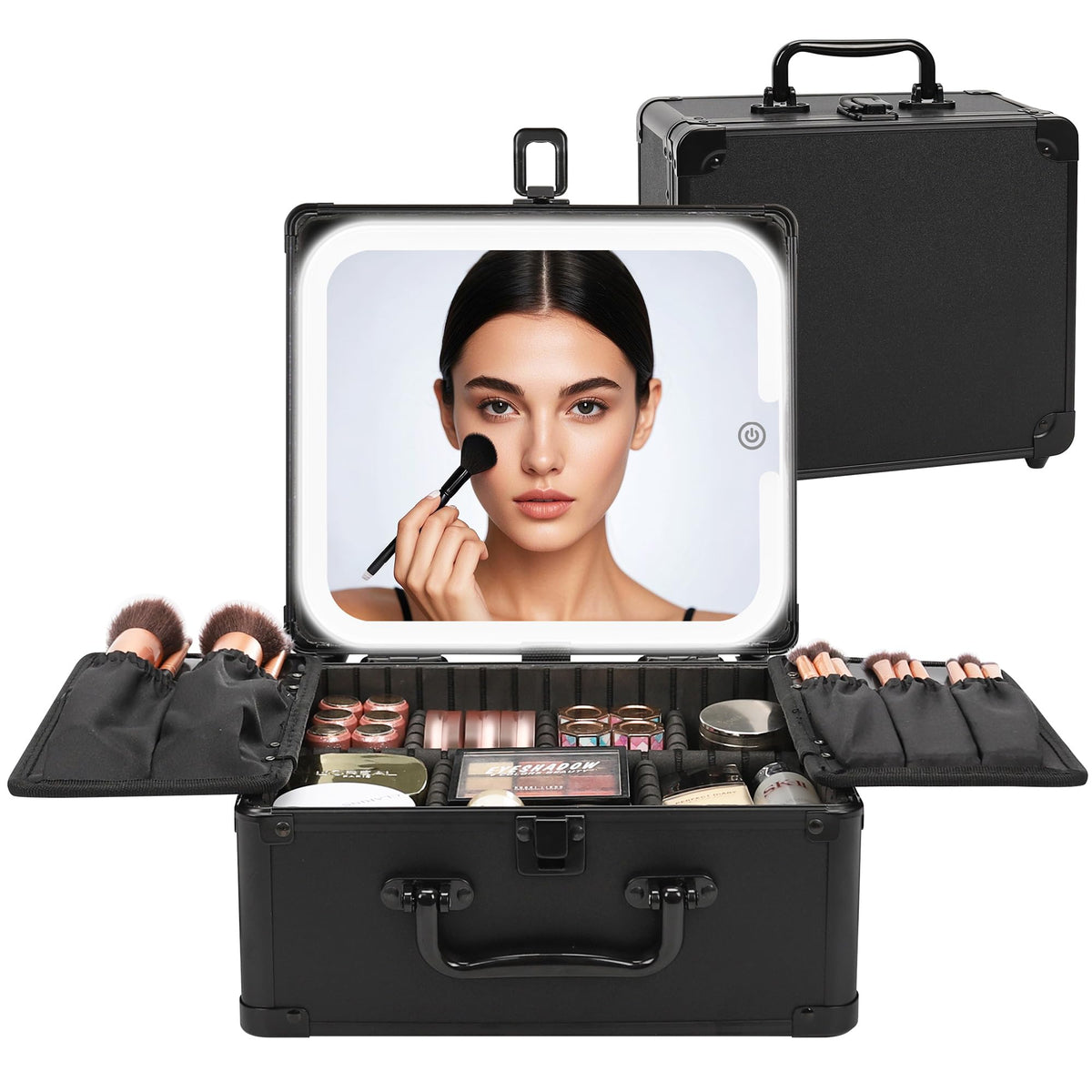 Relavel front view closed train case showing durable shell and handle for travel convenience