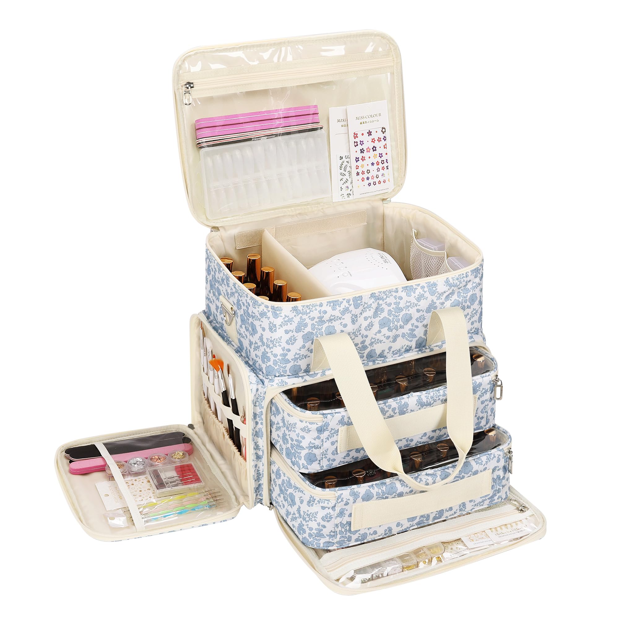 Relavel front view showing floral bag and organizer benefit secure storage